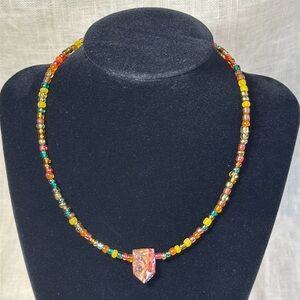 Leopard Skin Jasper Pendant Glass Beaded Necklace Natural Healing Crystal